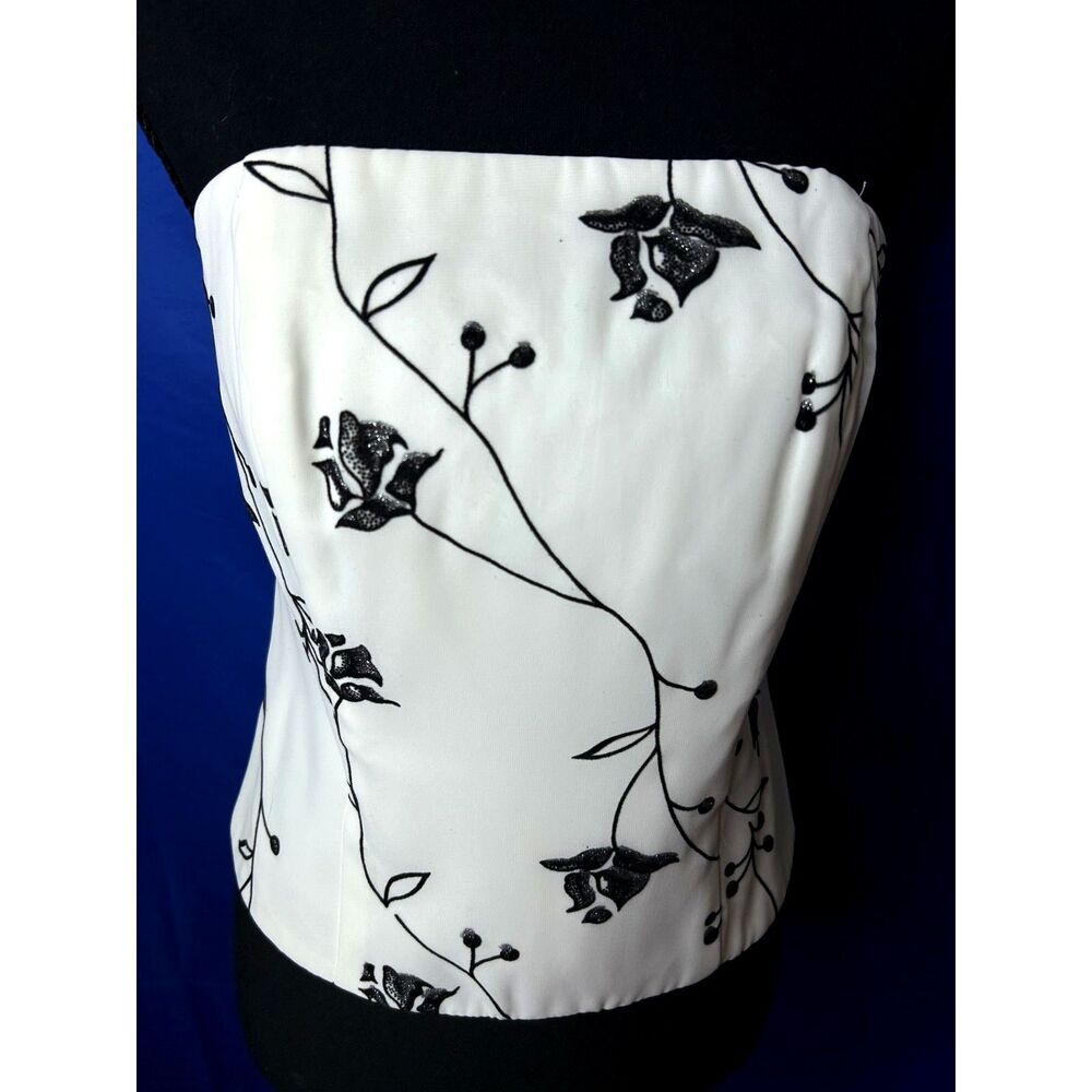 Vtg Womens White Black Velvet Burnout  Bodice Corset Top Sz L Fairy Floral Y2K